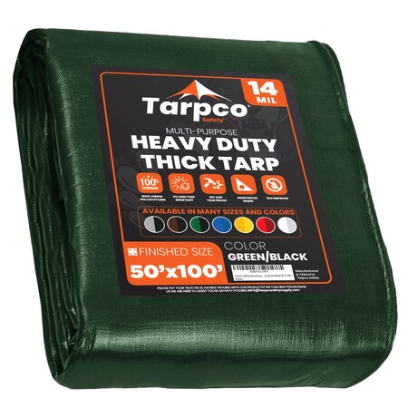 Heavy Duty Tarp, 100 ft L x 0.5 mm H x 50 ft W, 14 Mil, Green/Black, Polyethylene